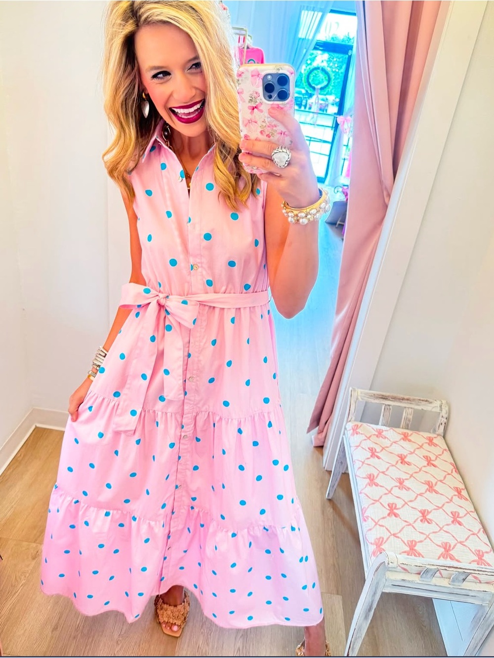Peach Love California Pink Maxi Dress with Blue Polka Dots